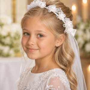 First Communion Veil on Comb with Satin Flowers