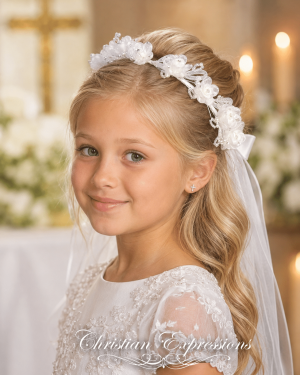 First Communion Veil on Comb with Satin Flowers